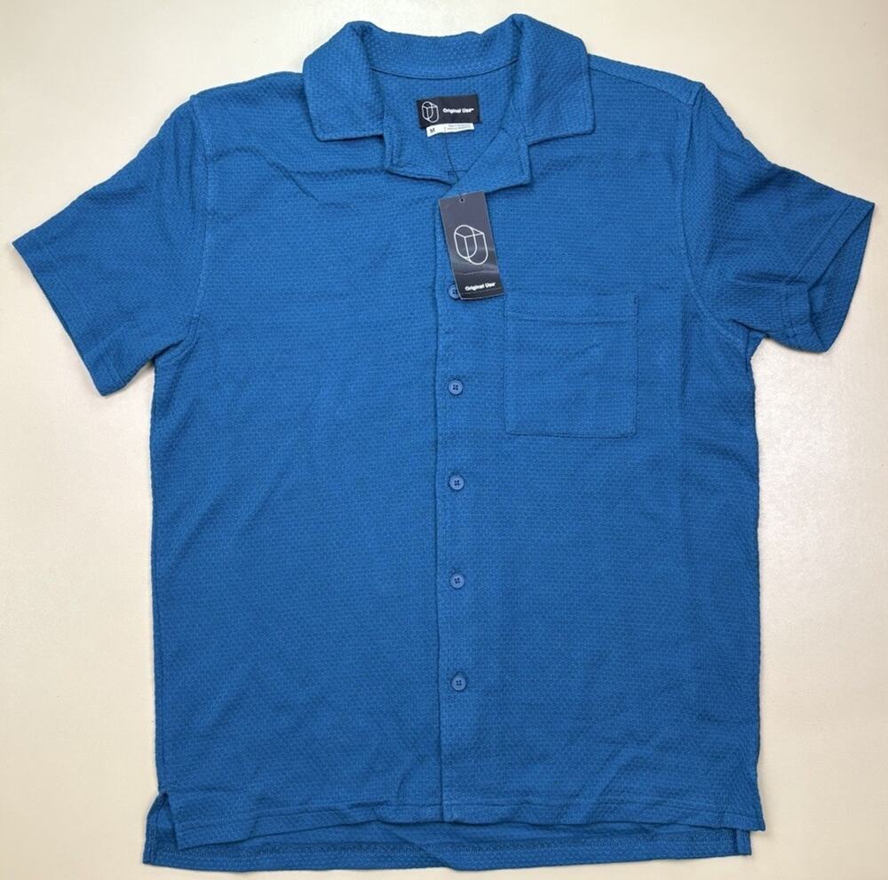 Original Use Button Shirt Mens Medium Teal Textured Short Sleeve Casual NWT
